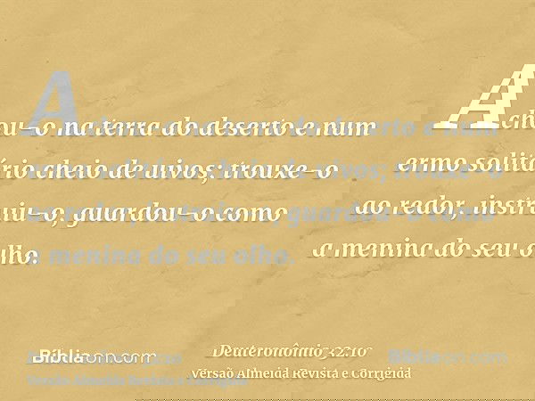 Achou-o na terra do deserto e num ermo solitário cheio de uivos; trouxe-o ao redor, instruiu-o, guardou-o como a menina do seu olho.