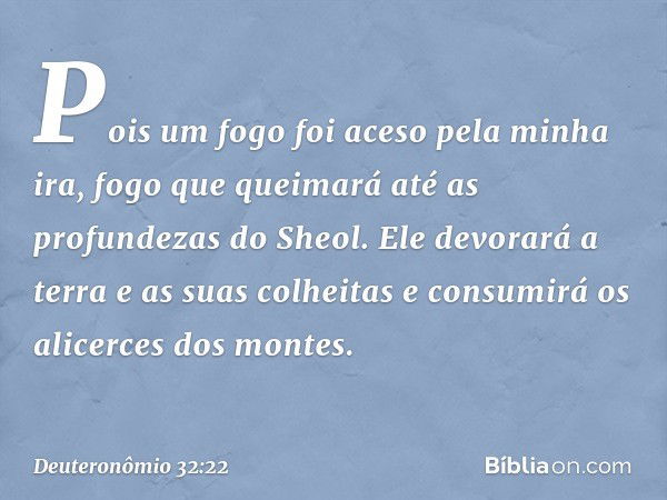 Pois um fogo foi aceso pela minha ira,
fogo que queimará
até as profundezas do Sheol.
Ele devorará a terra e as suas colheitas
e consumirá os alicerces dos mont