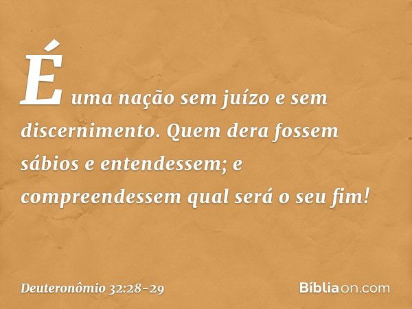 "É uma nação sem juízo
e sem discernimento. Quem dera fossem sábios
e entendessem;
e compreendessem qual será o seu fim! -- Deuteronômio 32:28-29