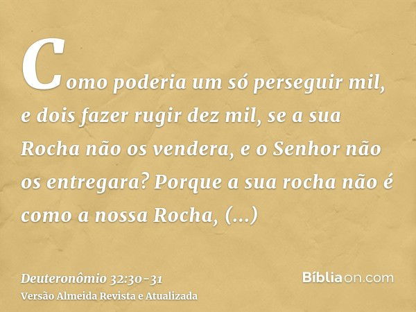 Como poderia um só perseguir mil, e dois fazer rugir dez mil, se a sua Rocha não os vendera, e o Senhor não os entregara?Porque a sua rocha não é como a nossa R