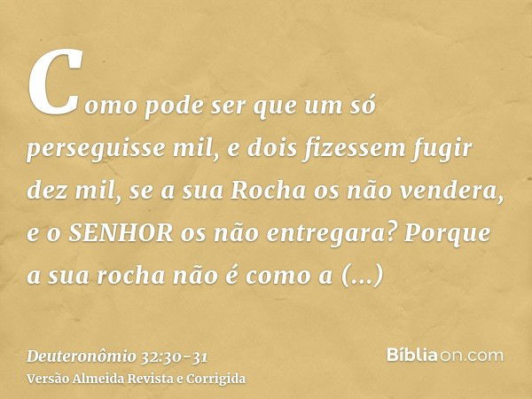 Como pode ser que um só perseguisse mil, e dois fizessem fugir dez mil, se a sua Rocha os não vendera, e o SENHOR os não entregara?Porque a sua rocha não é como