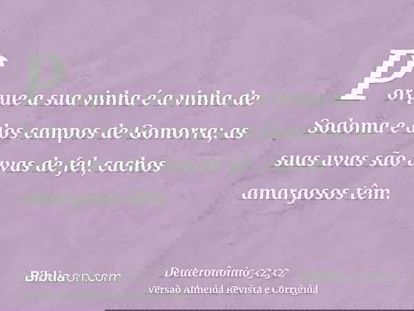 Porque a sua vinha é a vinha de Sodoma e dos campos de Gomorra; as suas uvas são uvas de fel, cachos amargosos têm.