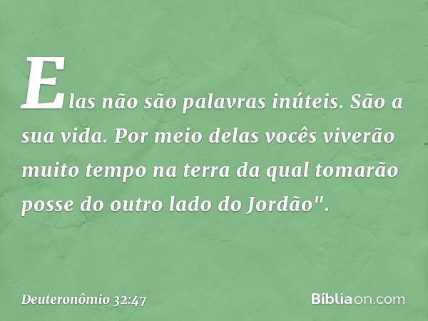 Elas não são palavras inúteis. São a sua vida. Por meio delas vocês viverão muito tempo na terra da qual tomarão posse do outro lado do Jordão". -- Deuteronômio