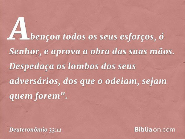 Abençoa todos os seus esforços,
ó Senhor,
e aprova a obra das suas mãos.
Despedaça os lombos
dos seus adversários,
dos que o odeiam,
sejam quem forem". -- Deute