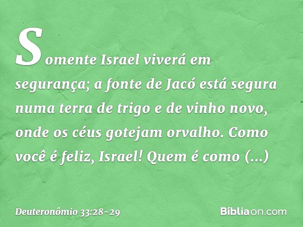 Somente Israel viverá em segurança;
a fonte de Jacó está segura
numa terra de trigo e de vinho novo,
onde os céus gotejam orvalho. Como você é feliz, Israel!
Qu