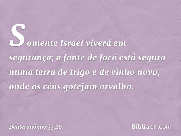 Somente Israel viverá em segurança;
a fonte de Jacó está segura
numa terra de trigo e de vinho novo,
onde os céus gotejam orvalho. -- Deuteronômio 33:28