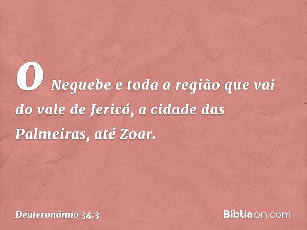o Neguebe e toda a região que vai do vale de Jericó, a cidade das Palmeiras, até Zoar. -- Deuteronômio 34:3