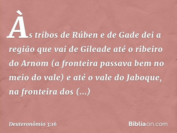 Às tribos de Rúben e de Gade dei a região que vai de Gileade até o ribeiro do Arnom (a fronteira passava bem no meio do vale) e até o vale do Jaboque, na fronte