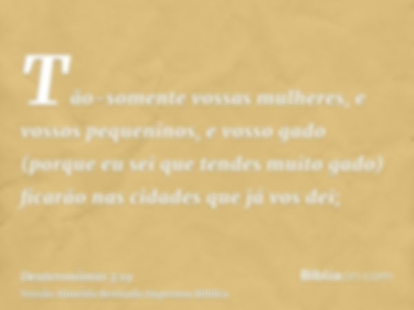 Tão-somente vossas mulheres, e vossos pequeninos, e vosso gado (porque eu sei que tendes muito gado) ficarão nas cidades que já vos dei;