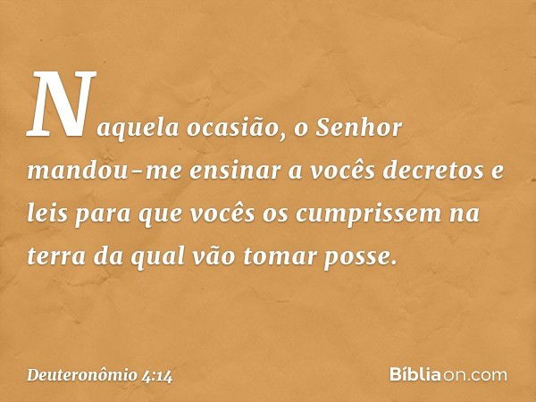 Naquela ocasião, o Senhor mandou-me ensinar a vocês decretos e leis para que vocês os cumprissem na terra da qual vão tomar posse. -- Deuteronômio 4:14