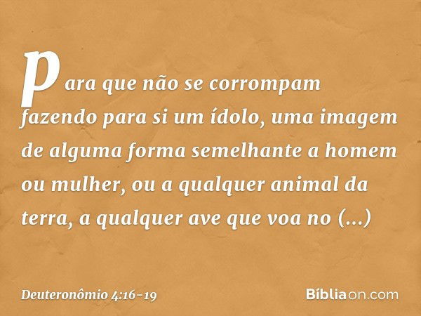 para que não se corrompam fazendo para si um ídolo, uma imagem de alguma forma semelhante a homem ou mulher, ou a qualquer animal da terra, a qualquer ave que v