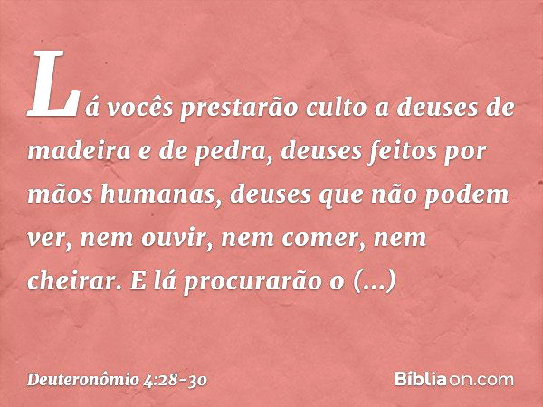 Lá vocês prestarão culto a deuses de madeira e de pedra, deuses feitos por mãos humanas, deuses que não podem ver, nem ouvir, nem comer, nem cheirar. E lá procu