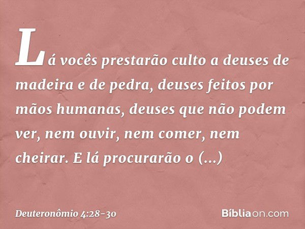 Lá vocês prestarão culto a deuses de madeira e de pedra, deuses feitos por mãos humanas, deuses que não podem ver, nem ouvir, nem comer, nem cheirar. E lá procu