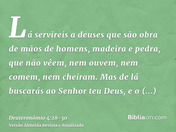 Lá servireis a deuses que são obra de mãos de homens, madeira e pedra, que não vêem, nem ouvem, nem comem, nem cheiram.Mas de lá buscarás ao Senhor teu Deus, e 