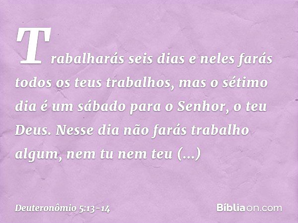 Trabalharás seis dias e neles farás todos os teus trabalhos, mas o sétimo dia é um sábado para o Senhor, o teu Deus. Nesse dia não farás trabalho algum, nem tu 