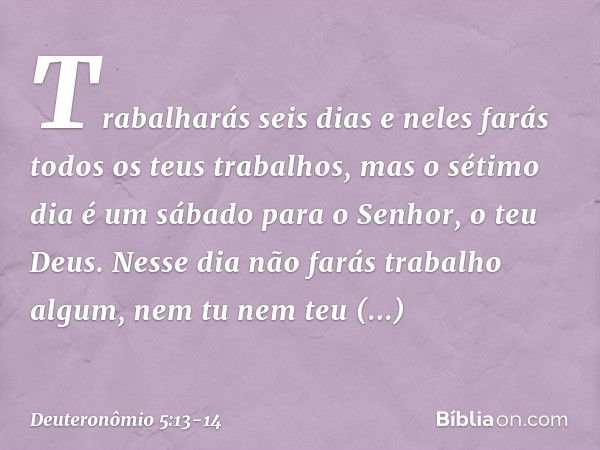 Trabalharás seis dias e neles farás todos os teus trabalhos, mas o sétimo dia é um sábado para o Senhor, o teu Deus. Nesse dia não farás trabalho algum, nem tu 