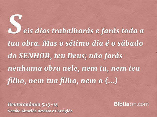 Seis dias trabalharás e farás toda a tua obra.Mas o sétimo dia é o sábado do SENHOR, teu Deus; não farás nenhuma obra nele, nem tu, nem teu filho, nem tua filha