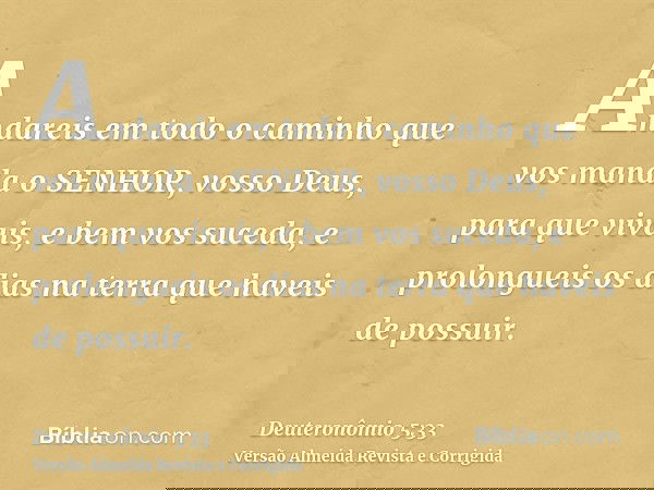 Andareis em todo o caminho que vos manda o SENHOR, vosso Deus, para que vivais, e bem vos suceda, e prolongueis os dias na terra que haveis de possuir.