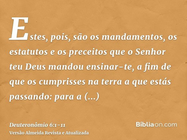 Estes, pois, são os mandamentos, os estatutos e os preceitos que o Senhor teu Deus mandou ensinar-te, a fim de que os cumprisses na terra a que estás passando: 