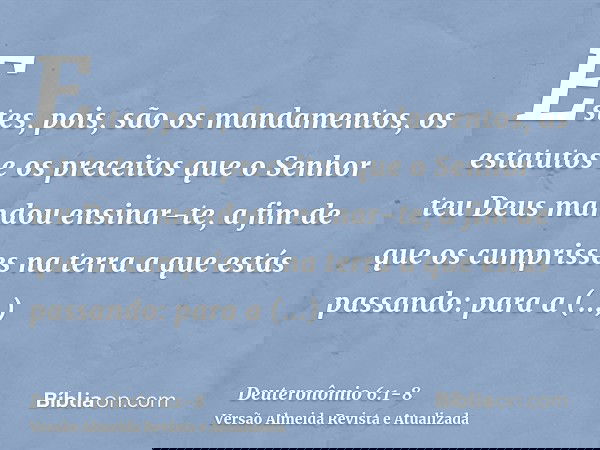 Estes, pois, são os mandamentos, os estatutos e os preceitos que o Senhor teu Deus mandou ensinar-te, a fim de que os cumprisses na terra a que estás passando:
