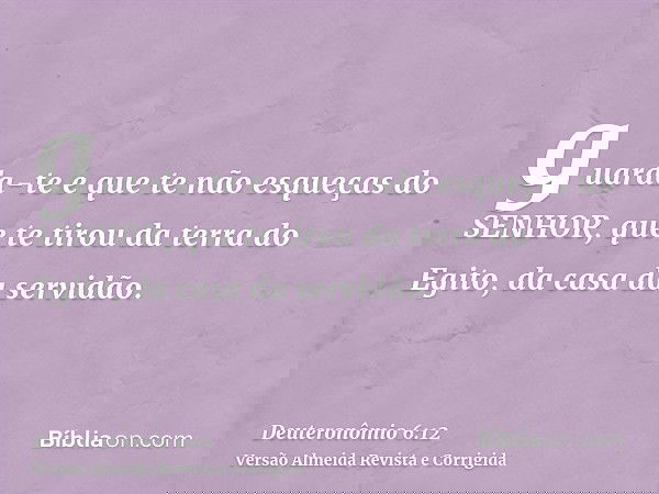 guarda-te e que te não esqueças do SENHOR, que te tirou da terra do Egito, da casa da servidão.