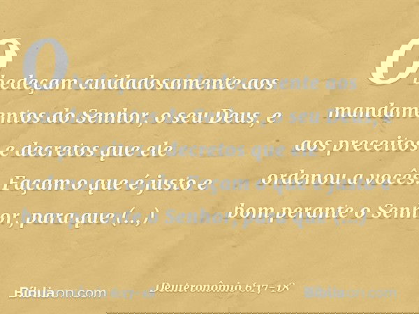 Obedeçam cuidadosamente aos mandamentos do Senhor, o seu Deus, e aos preceitos e decretos que ele ordenou a vocês. Façam o que é justo e bom perante o Senhor, p