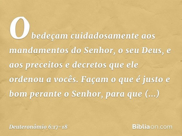 Obedeçam cuidadosamente aos mandamentos do Senhor, o seu Deus, e aos preceitos e decretos que ele ordenou a vocês. Façam o que é justo e bom perante o Senhor, p