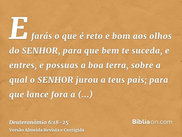 E farás o que é reto e bom aos olhos do SENHOR, para que bem te suceda, e entres, e possuas a boa terra, sobre a qual o SENHOR jurou a teus pais;para que lance 