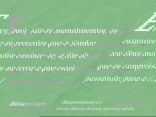 Estes, pois, são os mandamentos, os estatutos e os preceitos que o Senhor teu Deus mandou ensinar-te, a fim de que os cumprisses na terra a que estás passando: