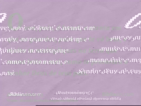 Ouve, pois, ó Israel, e atenta em que os guardes, para que te vá bem, e muito te multipliques na terra que mana leite e mel, como te prometeu o Senhor Deus de t