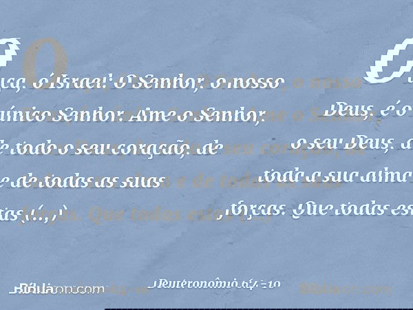 "Ouça, ó Israel: O Senhor, o nosso Deus, é o único Senhor. Ame o Senhor, o seu Deus, de todo o seu coração, de toda a sua alma e de todas as suas forças. Que to