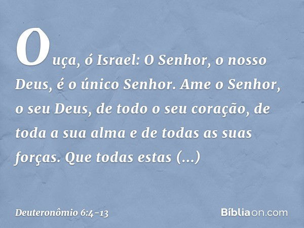 "Ouça, ó Israel: O Senhor, o nosso Deus, é o único Senhor. Ame o Senhor, o seu Deus, de todo o seu coração, de toda a sua alma e de todas as suas forças. Que to