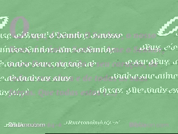 "Ouça, ó Israel: O Senhor, o nosso Deus, é o único Senhor. Ame o Senhor, o seu Deus, de todo o seu coração, de toda a sua alma e de todas as suas forças. Que to