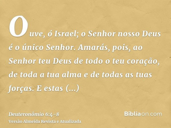 Ouve, ó Israel; o Senhor nosso Deus é o único Senhor.Amarás, pois, ao Senhor teu Deus de todo o teu coração, de toda a tua alma e de todas as tuas forças.E esta