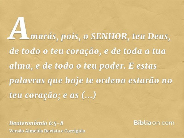 Amarás, pois, o SENHOR, teu Deus, de todo o teu coração, e de toda a tua alma, e de todo o teu poder.E estas palavras que hoje te ordeno estarão no teu coração;