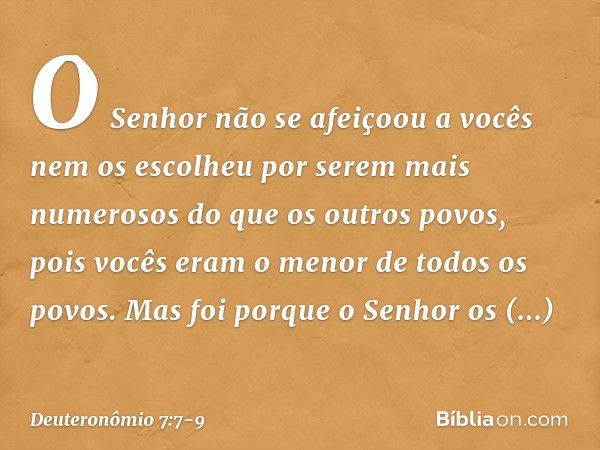 "O Senhor não se afeiçoou a vocês nem os escolheu por serem mais numerosos do que os outros povos, pois vocês eram o menor de todos os povos. Mas foi porque o S