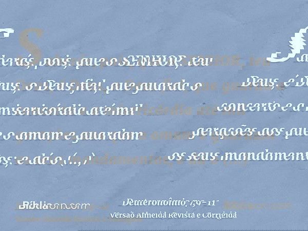 Saberás, pois, que o SENHOR, teu Deus, é Deus, o Deus fiel, que guarda o concerto e a misericórdia até mil gerações aos que o amam e guardam os seus mandamentos