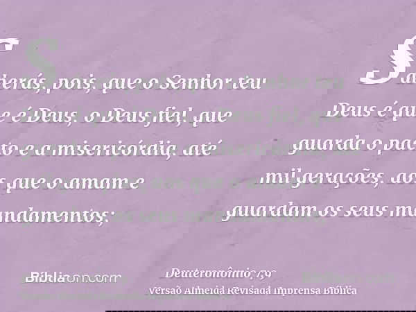 Saberás, pois, que o Senhor teu Deus é que é Deus, o Deus fiel, que guarda o pacto e a misericórdia, até mil gerações, aos que o amam e guardam os seus mandamen