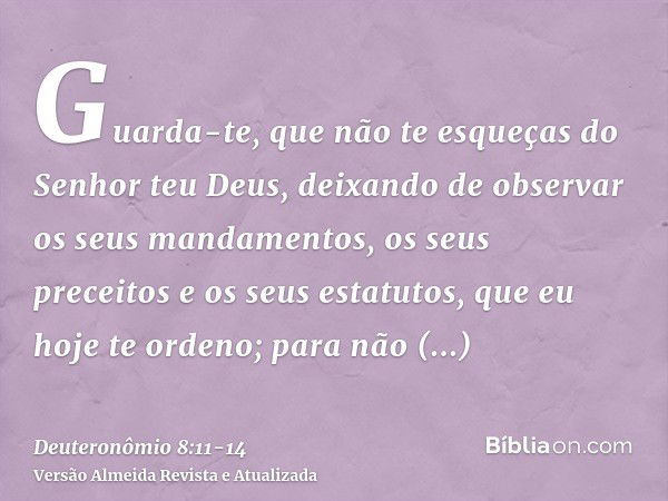 Guarda-te, que não te esqueças do Senhor teu Deus, deixando de observar os seus mandamentos, os seus preceitos e os seus estatutos, que eu hoje te ordeno;para n