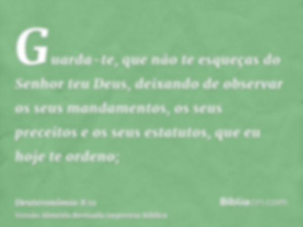 Guarda-te, que não te esqueças do Senhor teu Deus, deixando de observar os seus mandamentos, os seus preceitos e os seus estatutos, que eu hoje te ordeno;