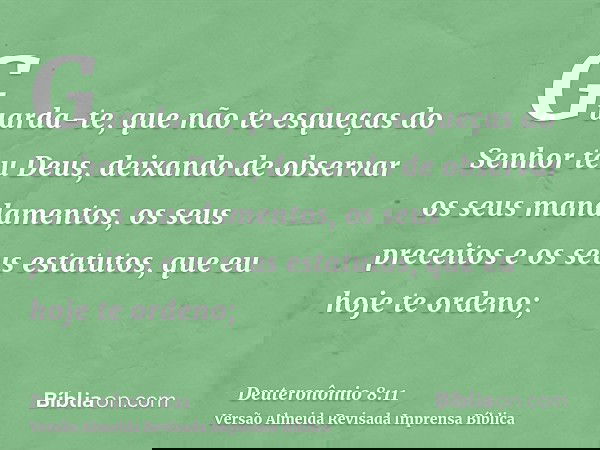 Guarda-te, que não te esqueças do Senhor teu Deus, deixando de observar os seus mandamentos, os seus preceitos e os seus estatutos, que eu hoje te ordeno;