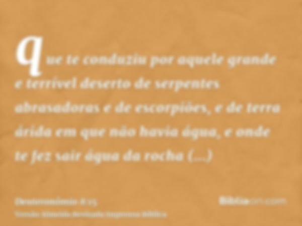 que te conduziu por aquele grande e terrível deserto de serpentes abrasadoras e de escorpiões, e de terra árida em que não havia água, e onde te fez sair água d