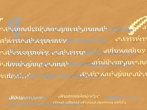 que te conduziu por aquele grande e terrível deserto de serpentes abrasadoras e de escorpiões, e de terra árida em que não havia água, e onde te fez sair água d