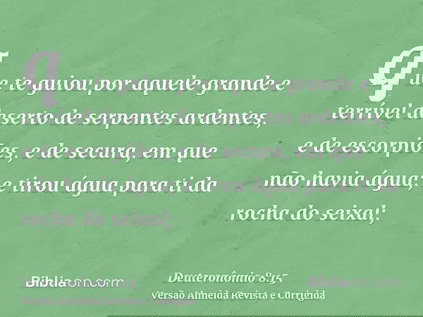 que te guiou por aquele grande e terrível deserto de serpentes ardentes, e de escorpiões, e de secura, em que não havia água; e tirou água para ti da rocha do s