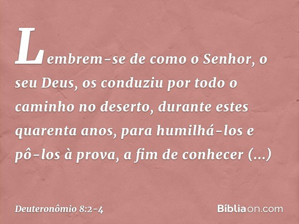 "Lembrem-se de como o Senhor, o seu Deus, os conduziu por todo o caminho no deserto, durante estes quarenta anos, para humilhá-los e pô-los à prova, a fim de co