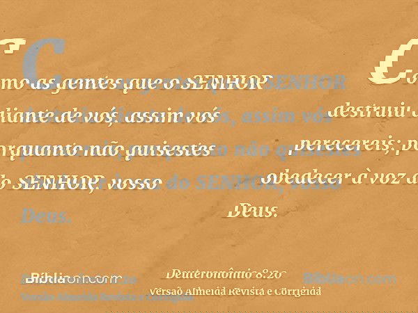 Como as gentes que o SENHOR destruiu diante de vós, assim vós perecereis; porquanto não quisestes obedecer à voz do SENHOR, vosso Deus.