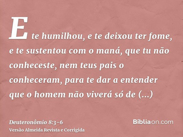 E te humilhou, e te deixou ter fome, e te sustentou com o maná, que tu não conheceste, nem teus pais o conheceram, para te dar a entender que o homem não viverá