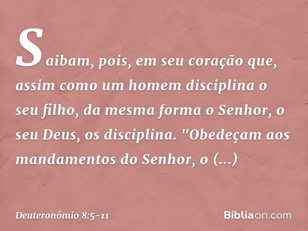 Saibam, pois, em seu coração que, assim como um homem disciplina o seu filho, da mesma forma o Senhor, o seu Deus, os disciplina. "Obedeçam aos mandamentos do S