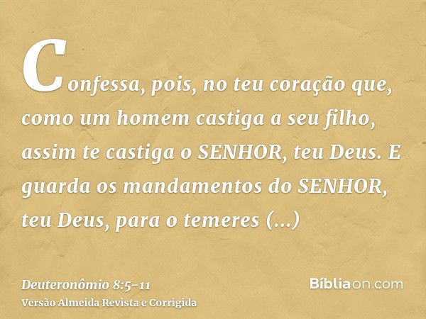 Confessa, pois, no teu coração que, como um homem castiga a seu filho, assim te castiga o SENHOR, teu Deus.E guarda os mandamentos do SENHOR, teu Deus, para o t