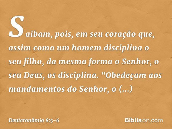 Saibam, pois, em seu coração que, assim como um homem disciplina o seu filho, da mesma forma o Senhor, o seu Deus, os disciplina. "Obedeçam aos mandamentos do S